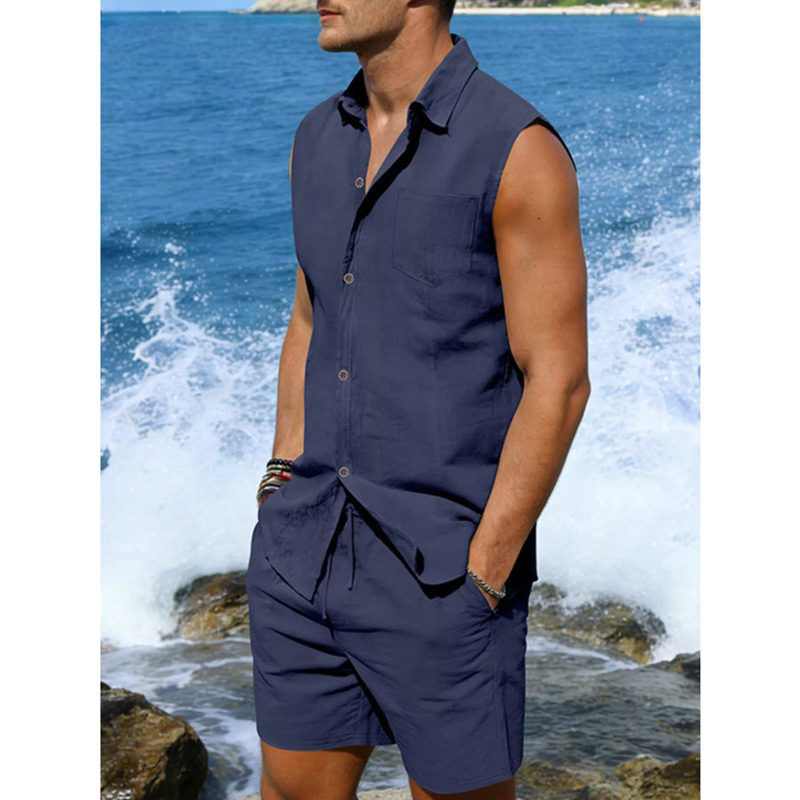 Men’s Full Size Button Up Sleeveless Top and Shorts Plus Size Navy / S Apparel and Accessories