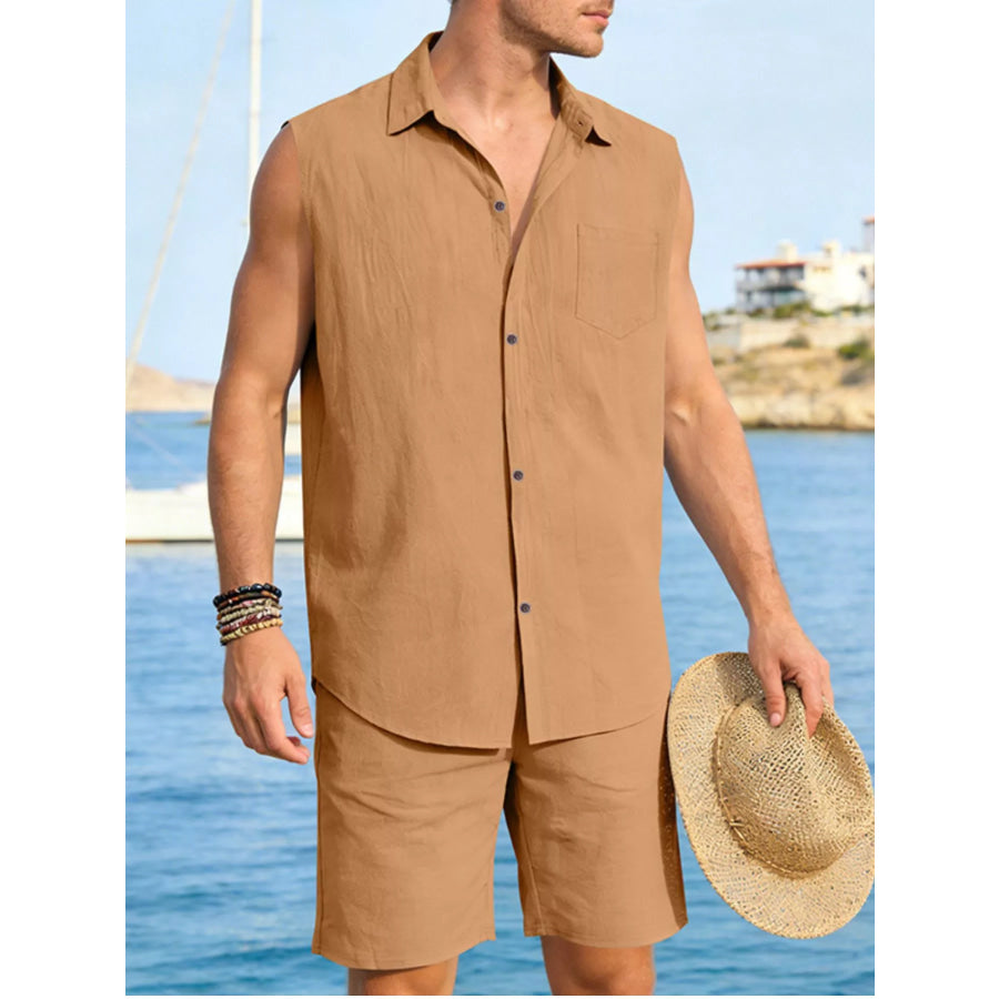 Men’s Full Size Button Up Sleeveless Top and Shorts Plus Size Ochre / S Apparel and Accessories