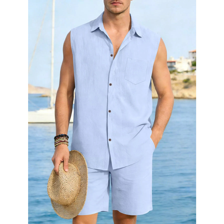 Men’s Full Size Button Up Sleeveless Top and Shorts Plus Size Sky Blue / S Apparel and Accessories