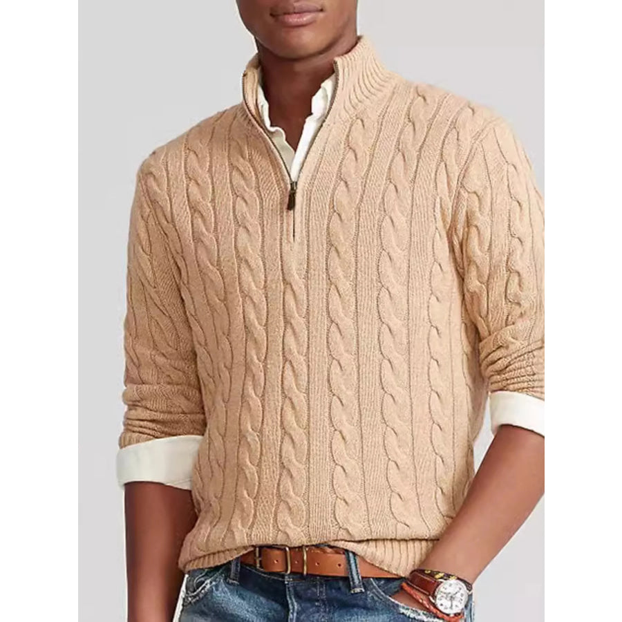 Men’s Full Size Cable Knit Half-Zip Sweater Plus Size Khaki / S Apparel and Accessories