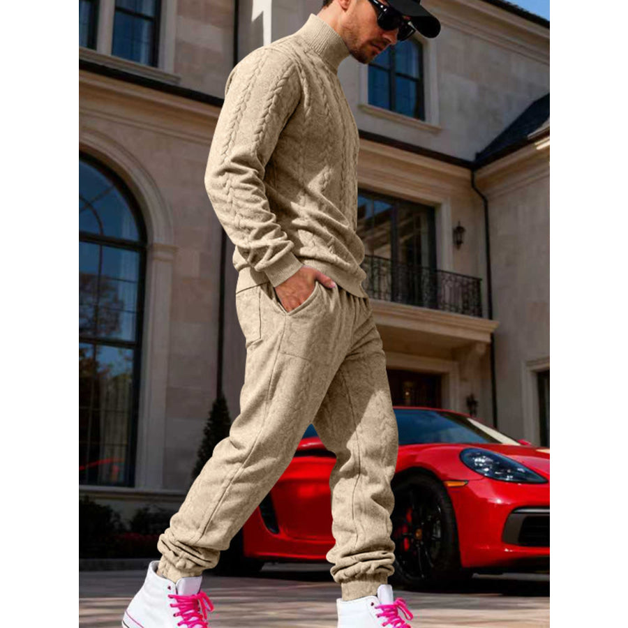 Men’s Full Size Cable Knit Mock Neck Sweater and Joggers Set Plus Apparel Accessories