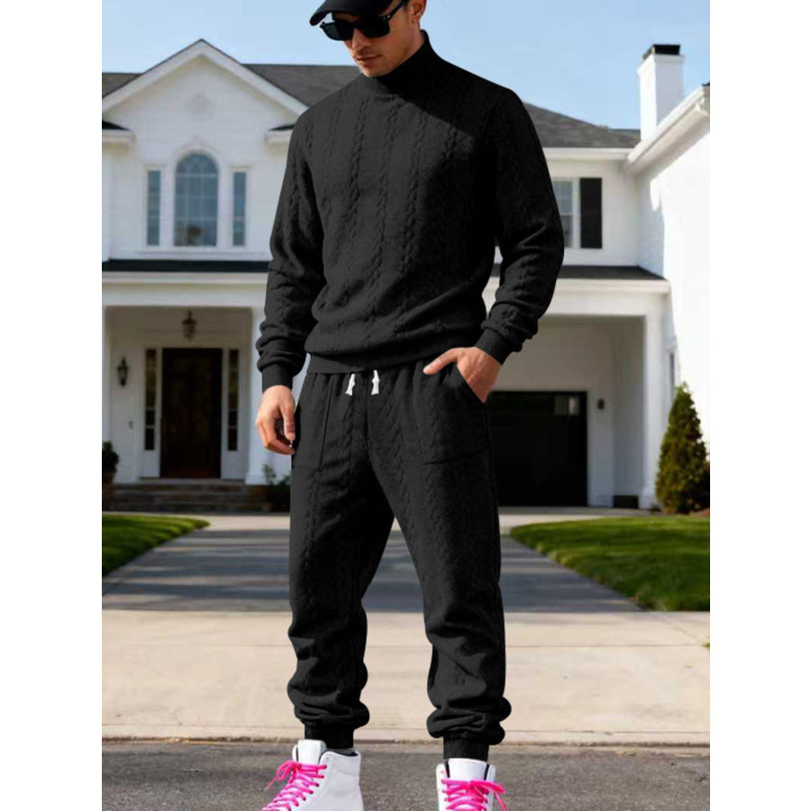 Men’s Full Size Cable Knit Mock Neck Sweater and Joggers Set Plus Black / S Apparel Accessories