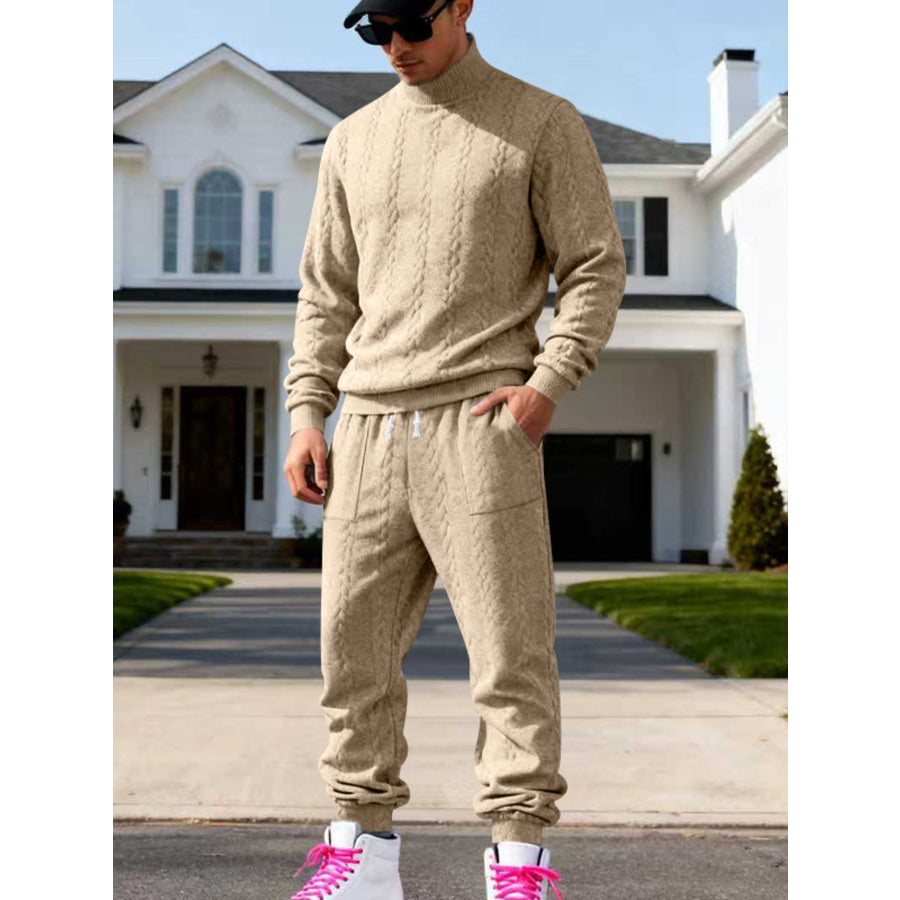 Men’s Full Size Cable Knit Mock Neck Sweater and Joggers Set Plus Khaki / S Apparel Accessories