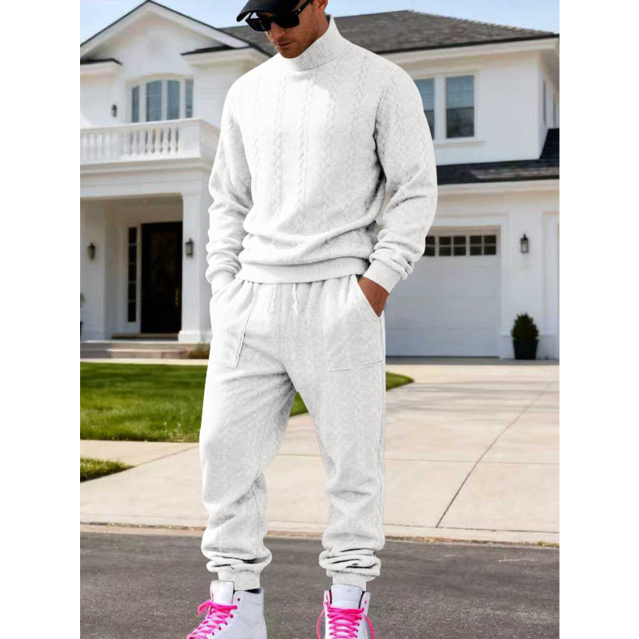 Men’s Full Size Cable Knit Mock Neck Sweater and Joggers Set Plus White / S Apparel Accessories