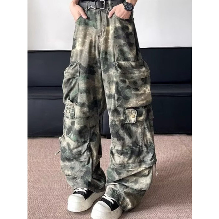 Men’s Full Size Camo Print Multi-Pocket Cargo Pants Plus Size Green Camouflage / S Apparel and Accessories