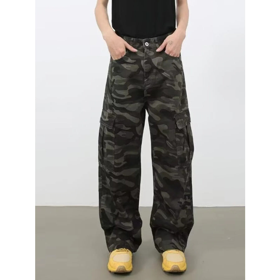 Men’s Full Size Camo Print Wide Leg Cargo Jeans Plus Size Green Camouflage / S Apparel and Accessories