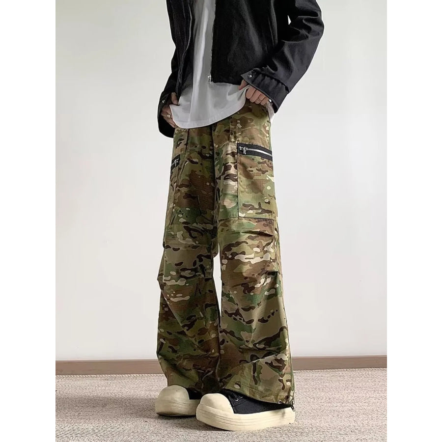 Men’s Full Size Camo Wide Leg Cargo Pants with Zipper Pockets Plus Size Apparel and Accessories