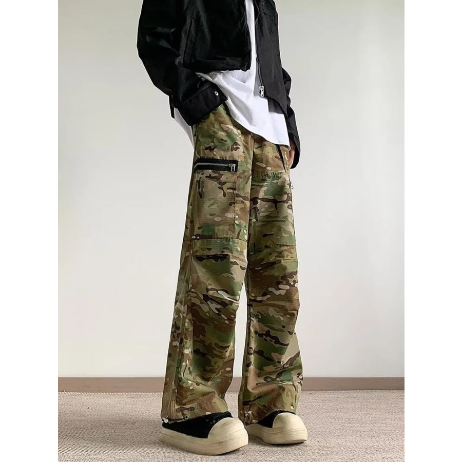 Men’s Full Size Camo Wide Leg Cargo Pants with Zipper Pockets Plus Size Apparel and Accessories