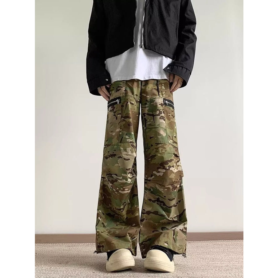 Men’s Full Size Camo Wide Leg Cargo Pants with Zipper Pockets Plus Size Camouflage / S Apparel and Accessories