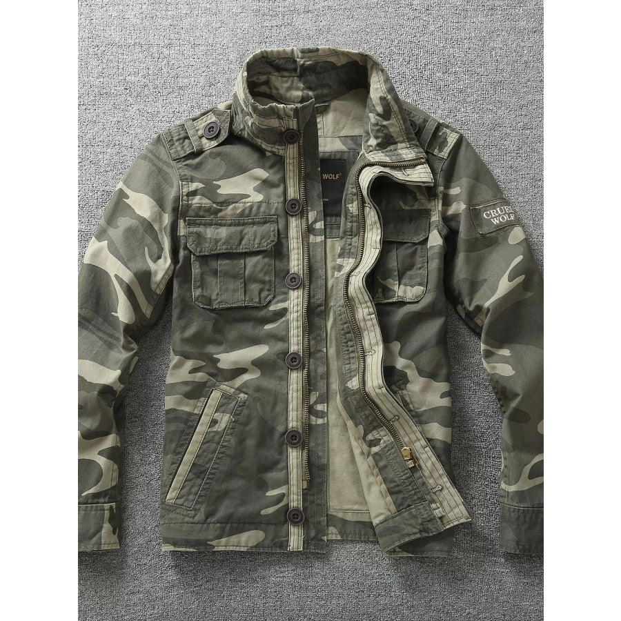 Men’s Full Size Camouflage Multi-Pocket Jacket Plus Green / S Apparel and Accessories