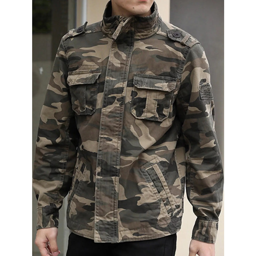 Men’s Full Size Camouflage Multi-Pocket Jacket Plus Khaki / S Apparel and Accessories