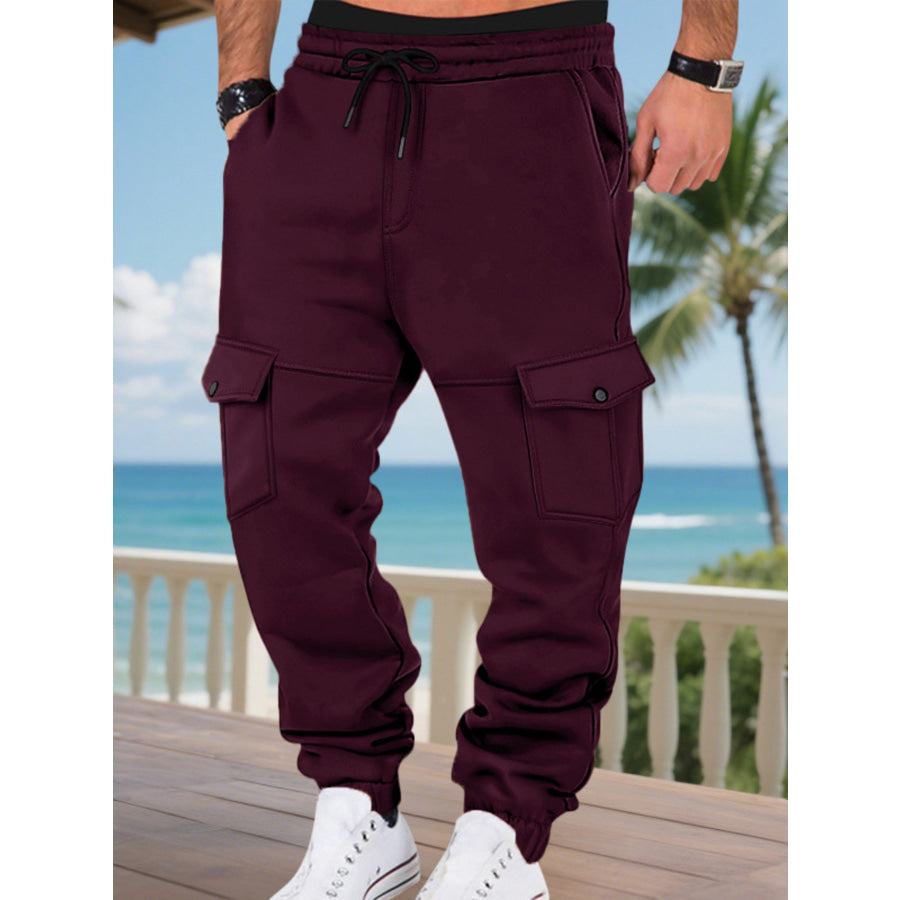 Men’s Full Size Cargo Joggers with Multi-Pockets Plus Burgundy / S Apparel and Accessories