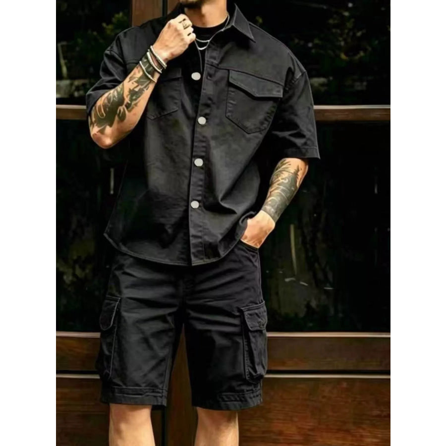 Men’s Full Size Cargo Shirt and Shorts Set Plus Size Black / S Apparel and Accessories