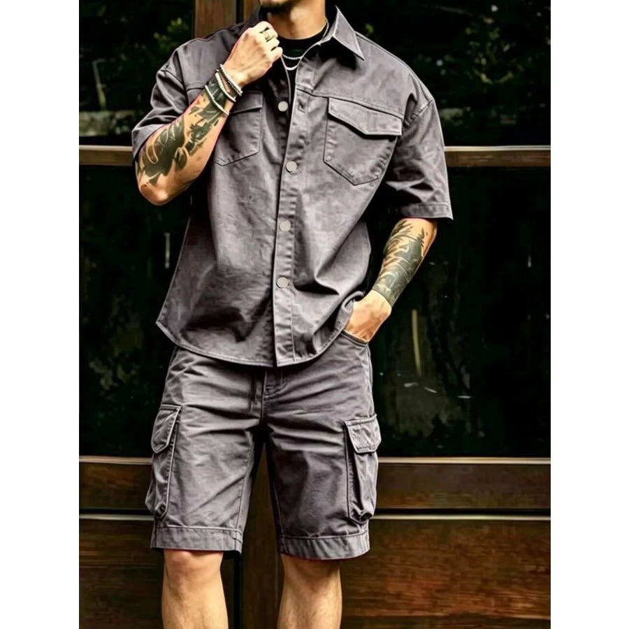 Men’s Full Size Cargo Shirt and Shorts Set Plus Size Gray / S Apparel and Accessories