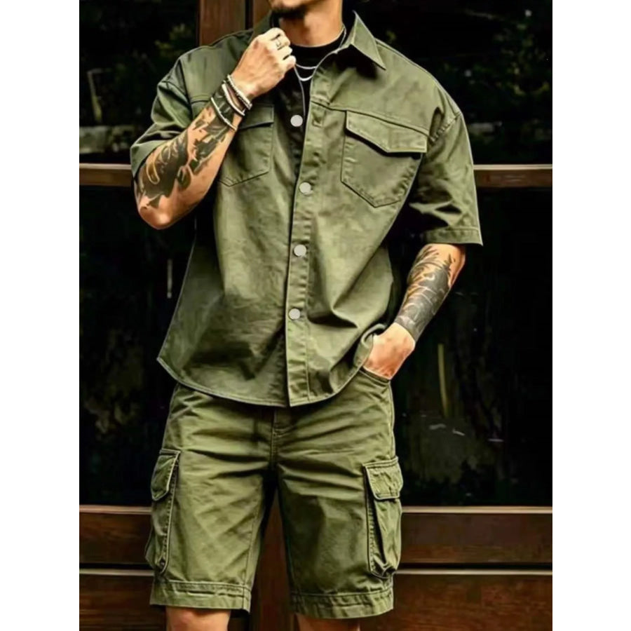 Men’s Full Size Cargo Shirt and Shorts Set Plus Size Matcha Green / S Apparel and Accessories