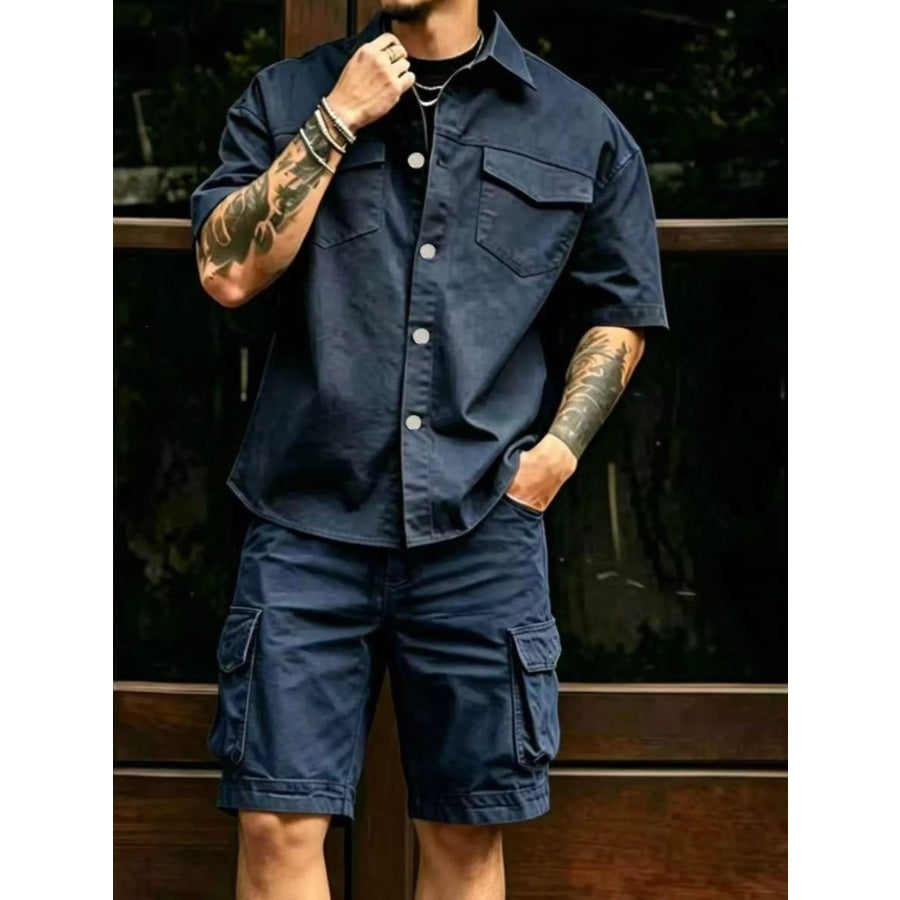 Men’s Full Size Cargo Shirt and Shorts Set Plus Size Navy / S Apparel and Accessories