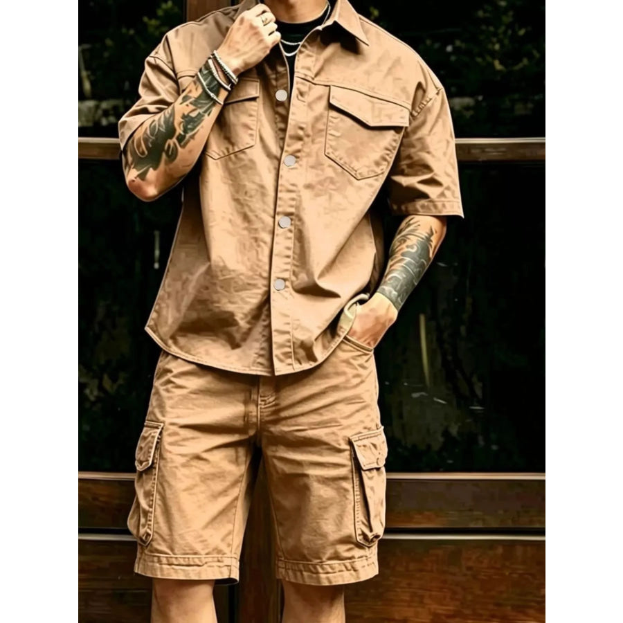 Men’s Full Size Cargo Shirt and Shorts Set Plus Size Tan / S Apparel and Accessories