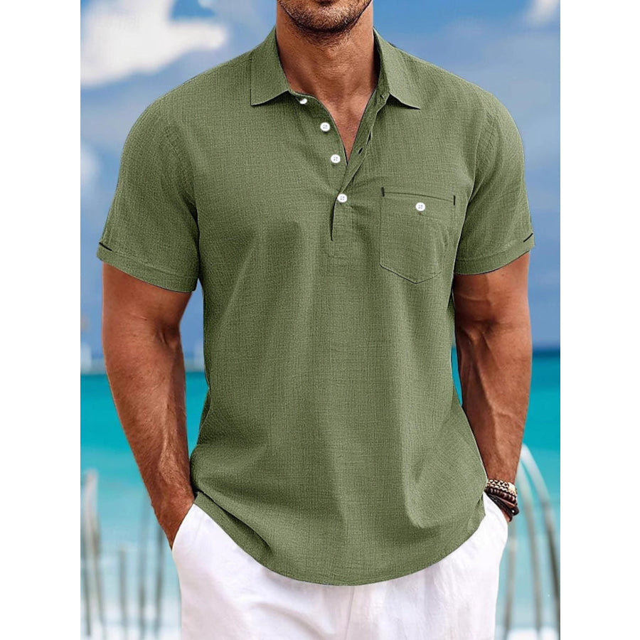 Men’s Full Size Casual Breathable Button Detail Polo Plus Size Army Green / S Apparel and Accessories