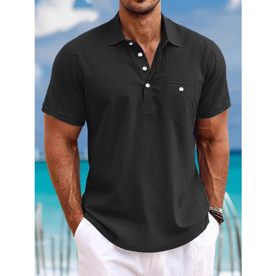 Men’s Full Size Casual Breathable Button Detail Polo Plus Size Black / S Apparel and Accessories