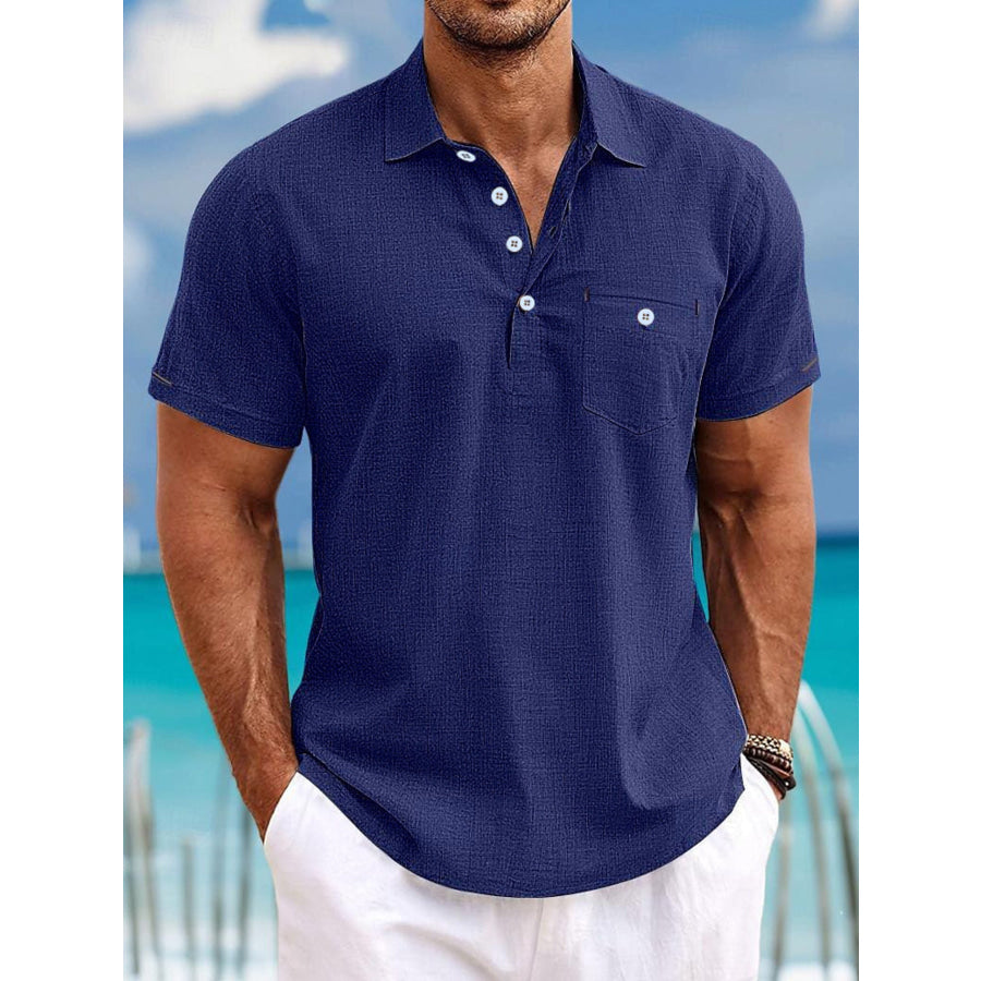 Men’s Full Size Casual Breathable Button Detail Polo Plus Size Navy Blue / S Apparel and Accessories