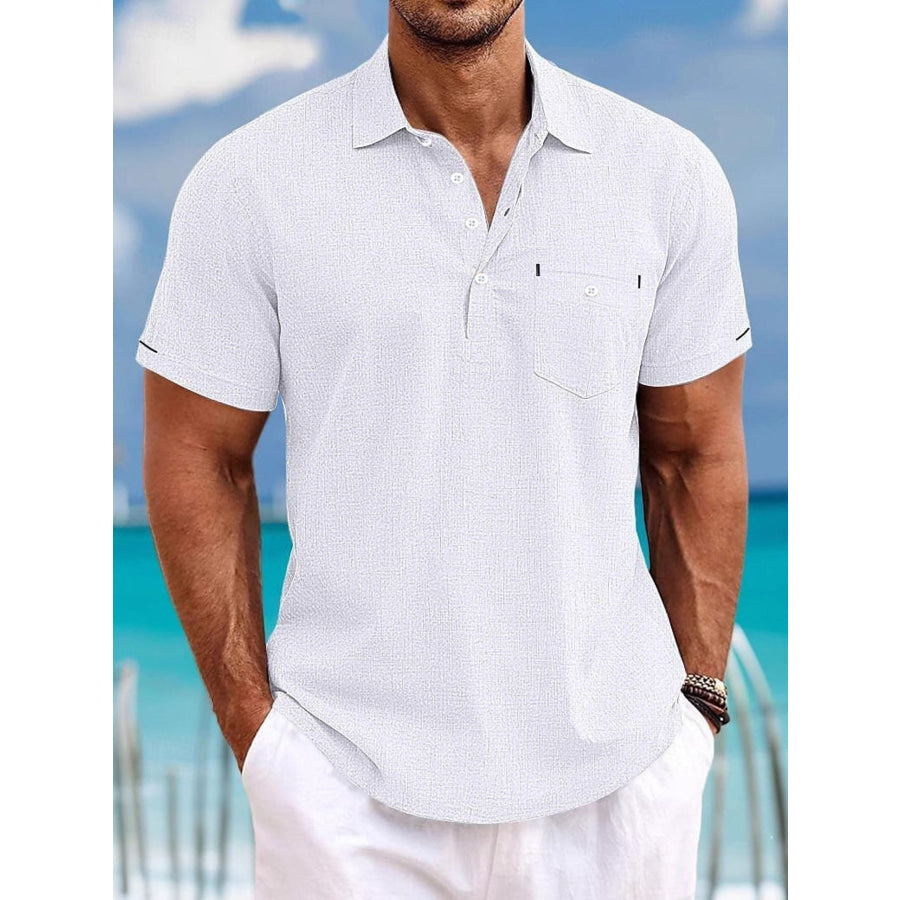 Men’s Full Size Casual Breathable Button Detail Polo Plus Size White / S Apparel and Accessories