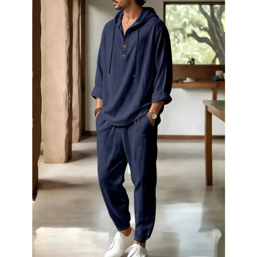 Men’s Full Size Casual Button Detail Hooded Top and Pants Set Plus Size Apparel and Accessories