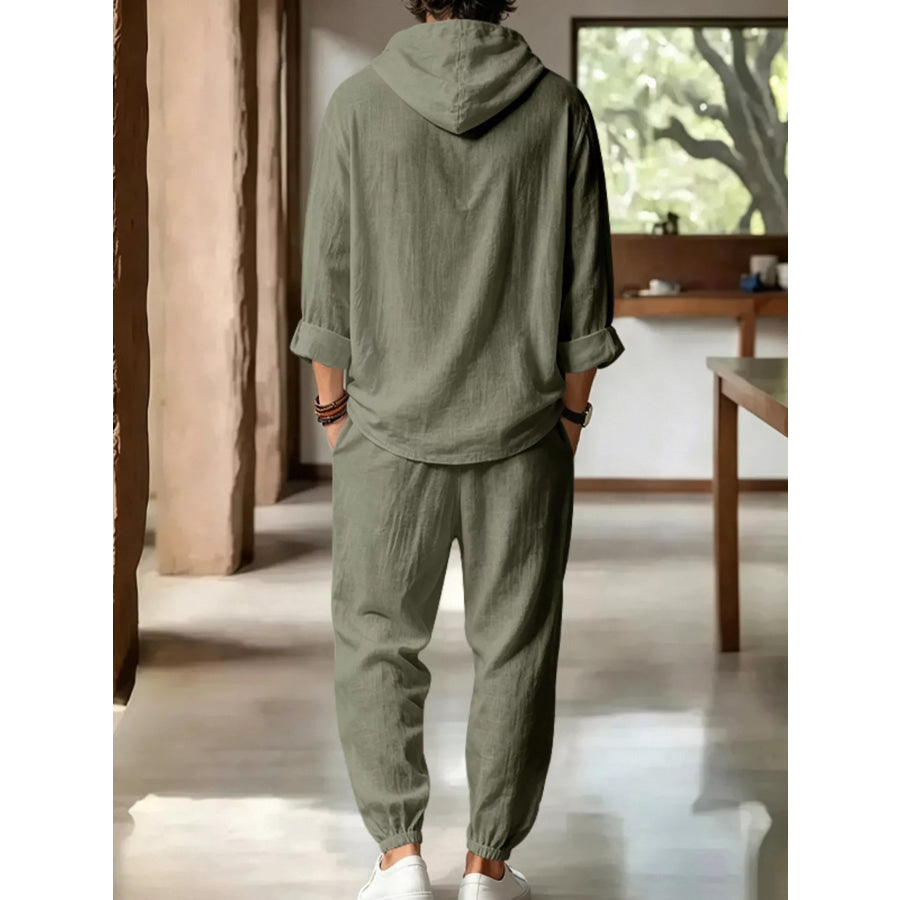 Men’s Full Size Casual Button Detail Hooded Top and Pants Set Plus Size Apparel and Accessories