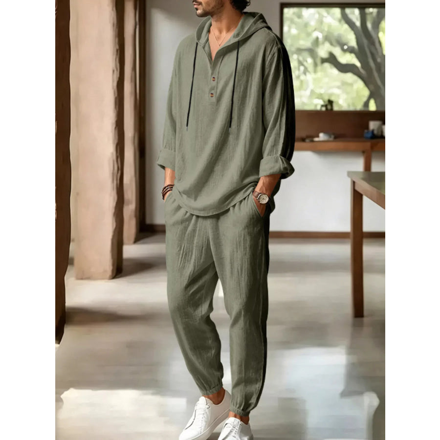 Men’s Full Size Casual Button Detail Hooded Top and Pants Set Plus Size Apparel and Accessories