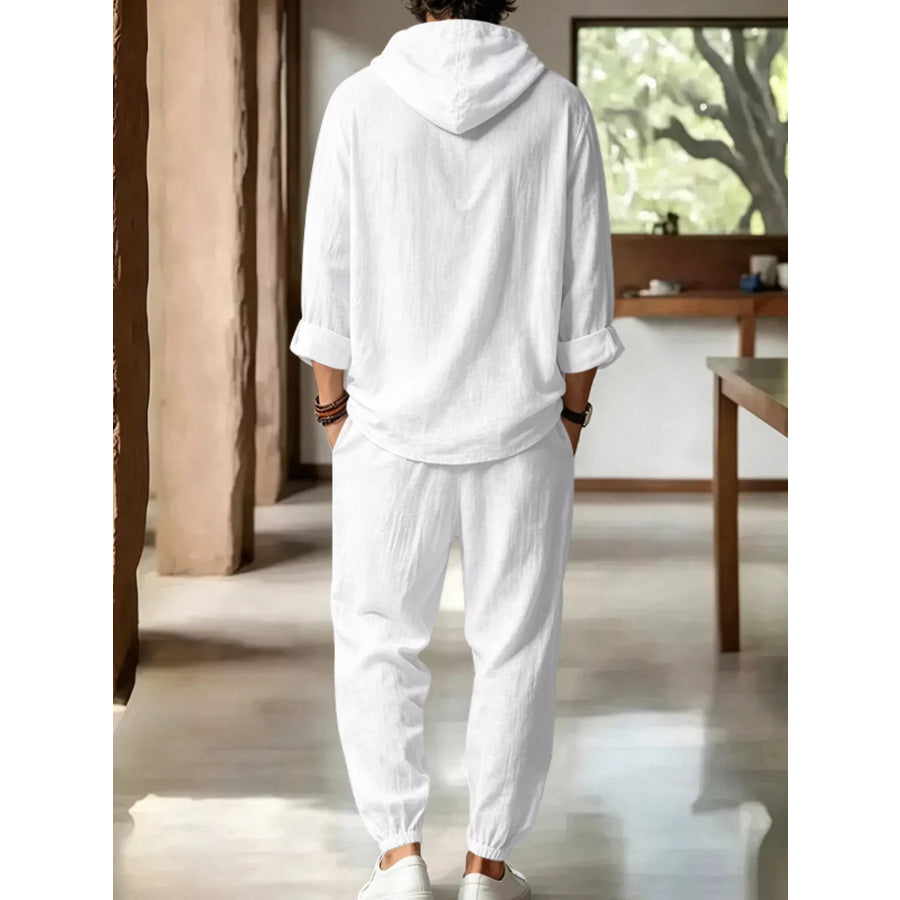 Men’s Full Size Casual Button Detail Hooded Top and Pants Set Plus Size Apparel and Accessories