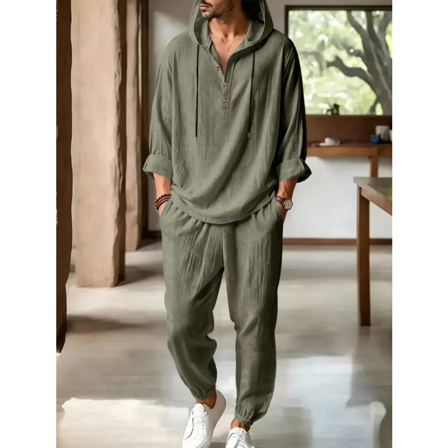 Men’s Full Size Casual Button Detail Hooded Top and Pants Set Plus Size Army Green / S Apparel and Accessories