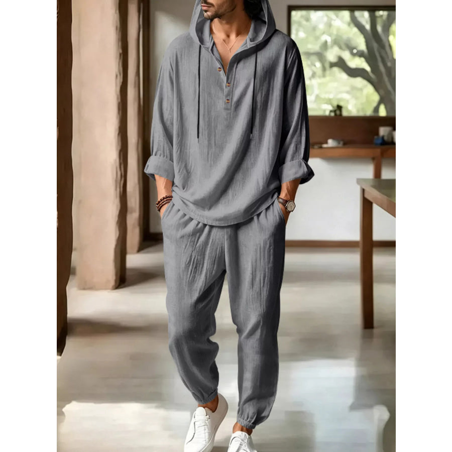 Men’s Full Size Casual Button Detail Hooded Top and Pants Set Plus Size Dark Gray / S Apparel and Accessories