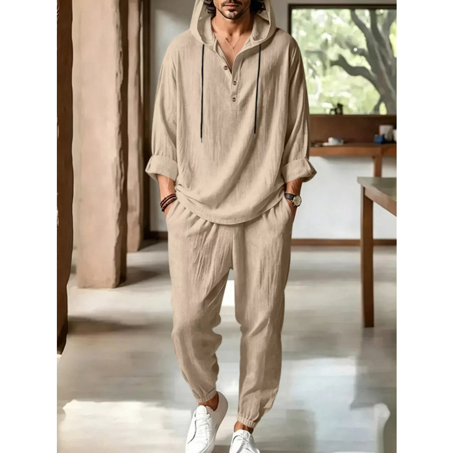 Men’s Full Size Casual Button Detail Hooded Top and Pants Set Plus Size Khaki / S Apparel and Accessories
