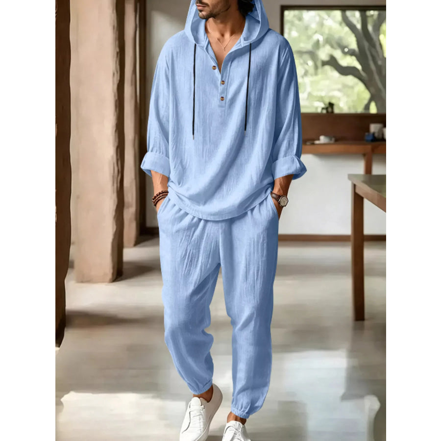 Men’s Full Size Casual Button Detail Hooded Top and Pants Set Plus Size Light Blue / S Apparel and Accessories