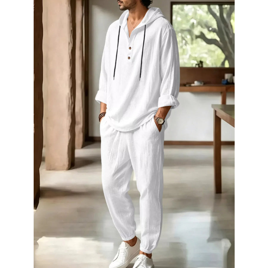 Men’s Full Size Casual Button Detail Hooded Top and Pants Set Plus Size White / S Apparel and Accessories