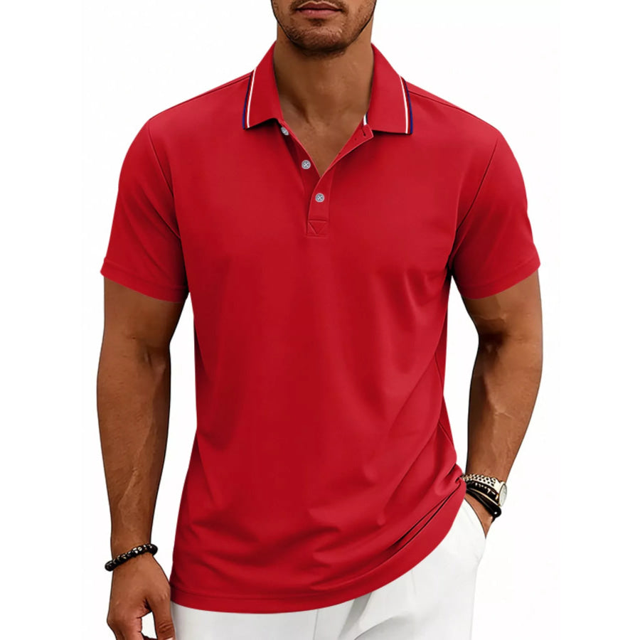 Men’s Full Size Casual Button Detail Polo Plus Size Big Red / S Apparel and Accessories