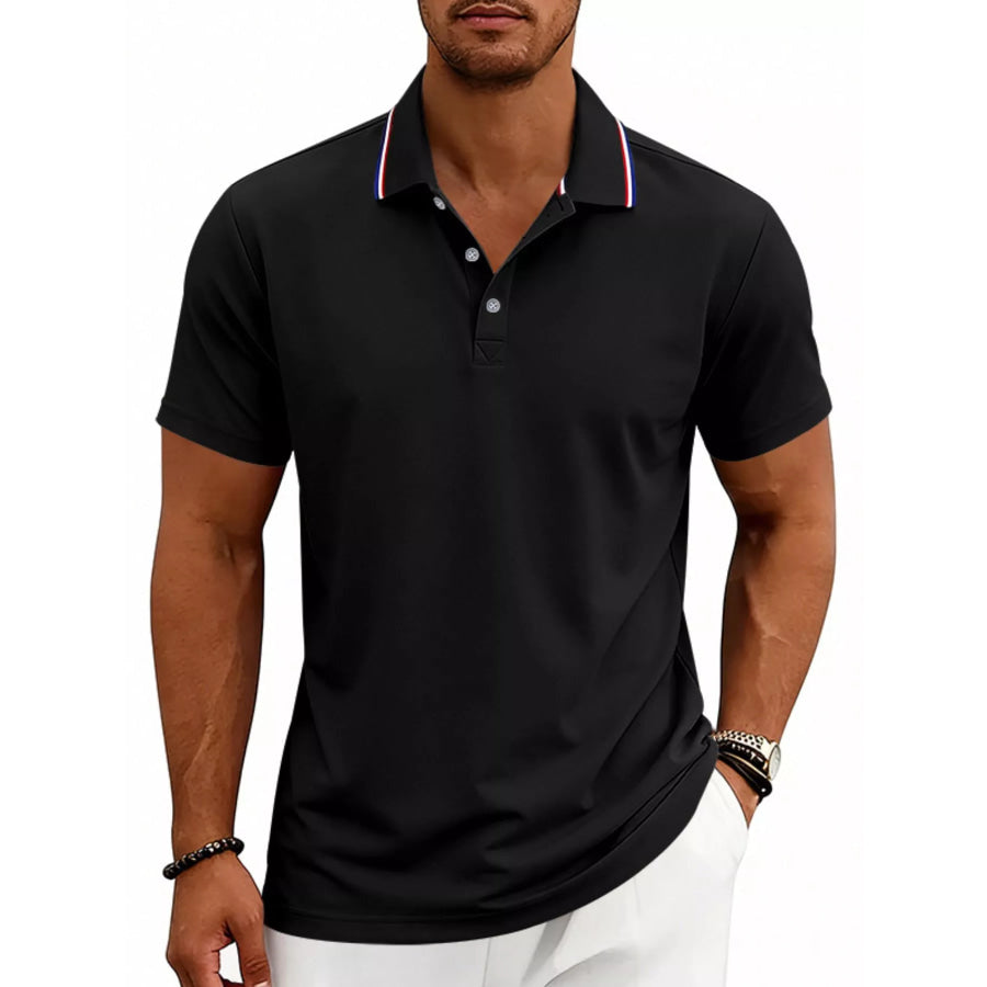 Men’s Full Size Casual Button Detail Polo Plus Size Black / S Apparel and Accessories