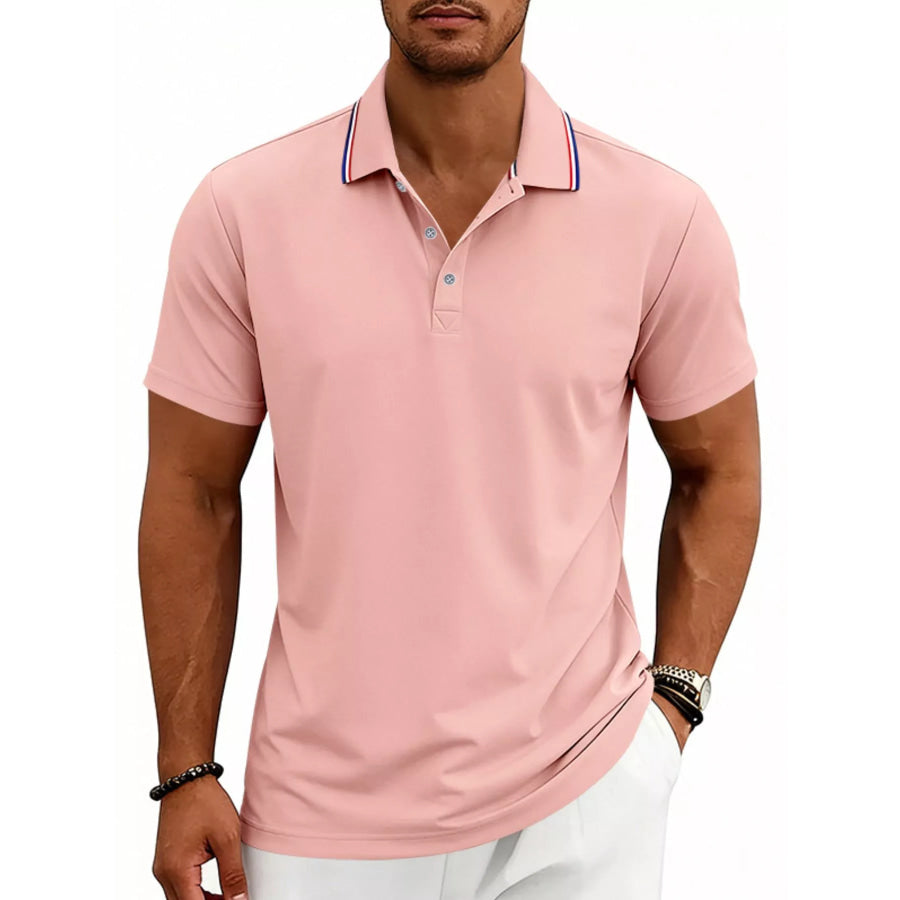 Men’s Full Size Casual Button Detail Polo Plus Size Pink / S Apparel and Accessories