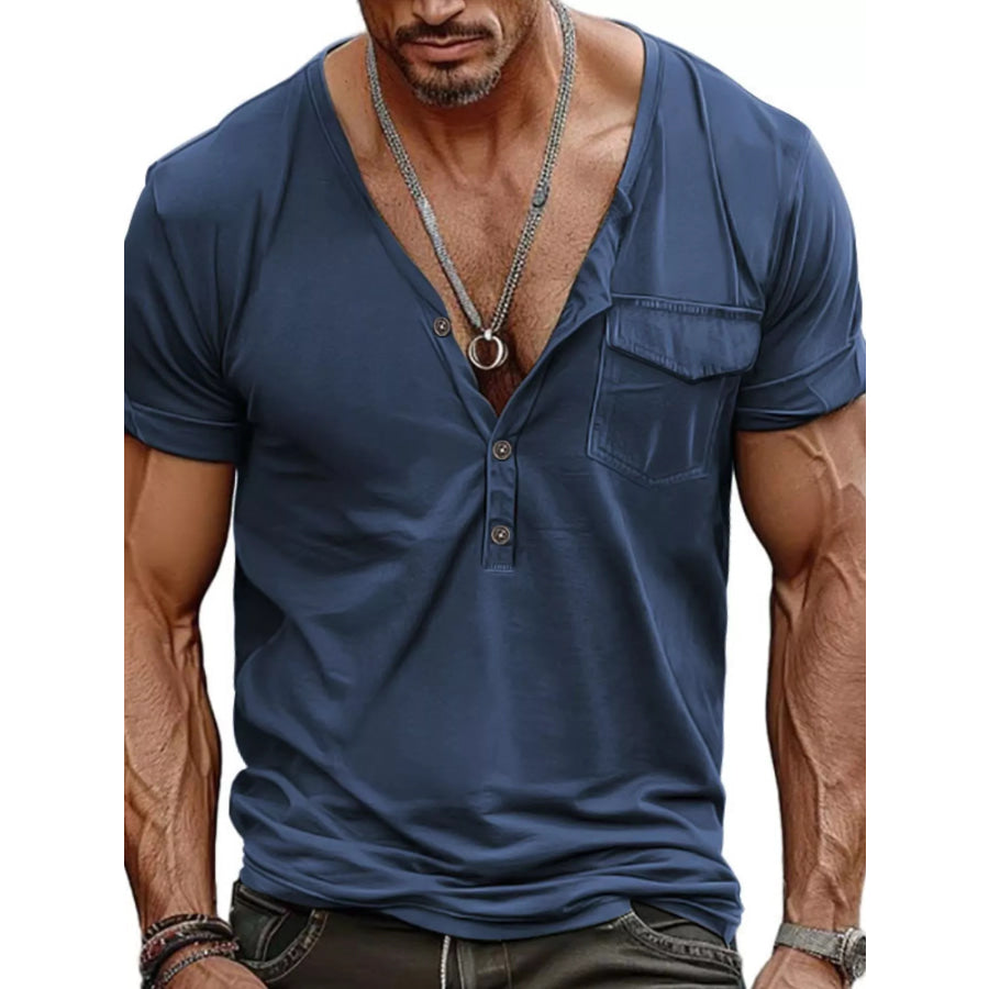 Men’s Full Size Casual Button Detail Short Sleeve T-Shirt Plus Size Denim Blue / S Apparel and Accessories