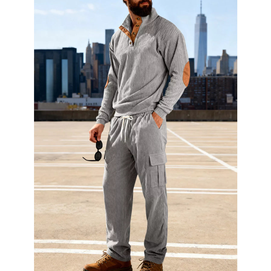 Men’s Full Size Casual Button Detail Top and Pants Set Plus Size Apparel and Accessories