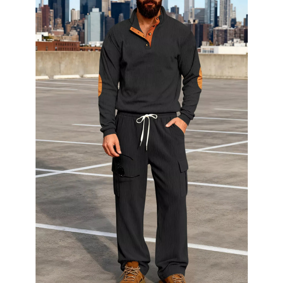 Men’s Full Size Casual Button Detail Top and Pants Set Plus Size Apparel and Accessories