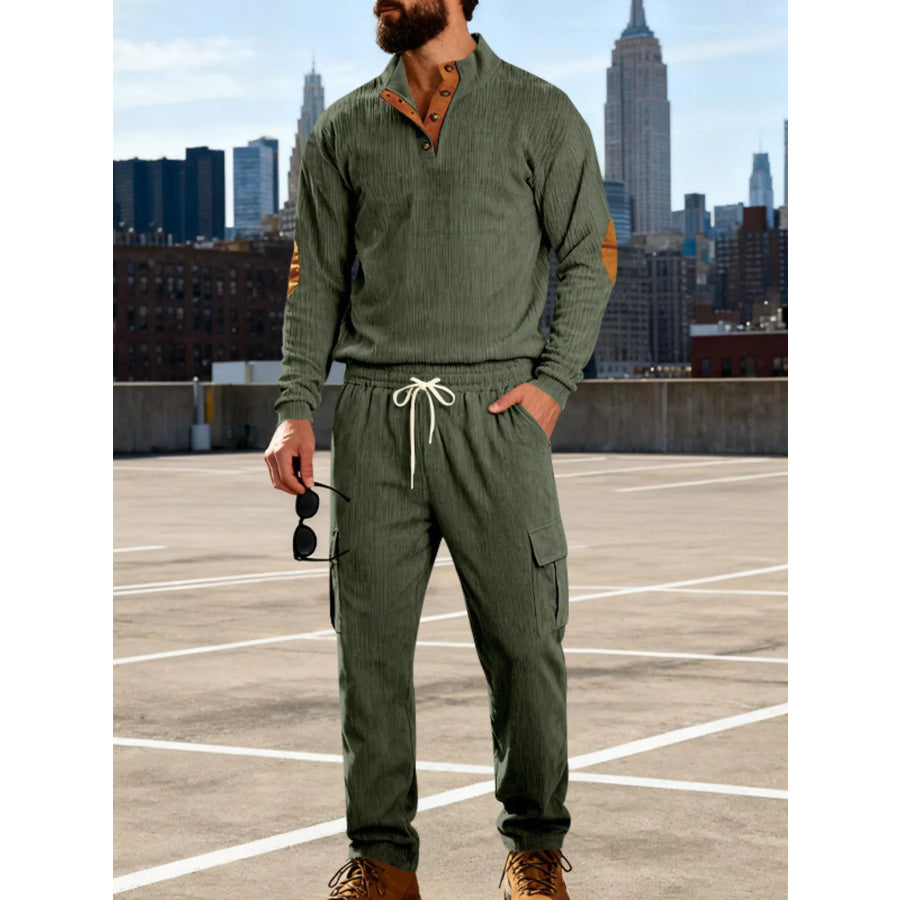 Men’s Full Size Casual Button Detail Top and Pants Set Plus Size Army Green / S Apparel and Accessories