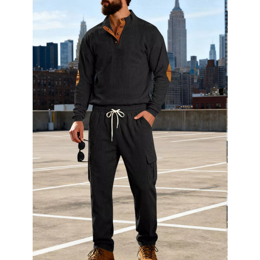 Men’s Full Size Casual Button Detail Top and Pants Set Plus Size Black / S Apparel and Accessories