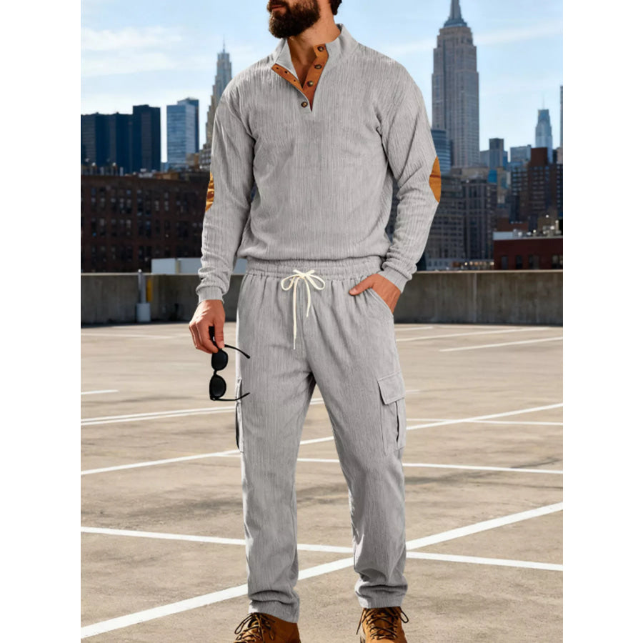 Men’s Full Size Casual Button Detail Top and Pants Set Plus Size Gray / S Apparel and Accessories