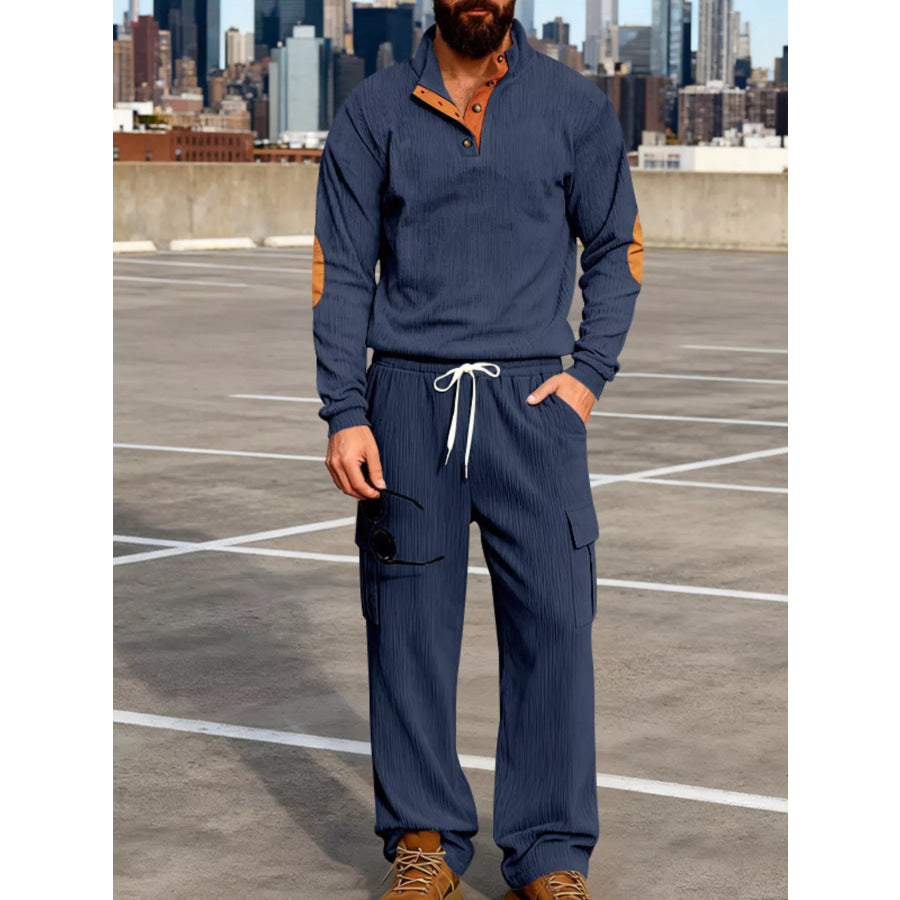 Men’s Full Size Casual Button Detail Top and Pants Set Plus Size Navy Blue / S Apparel and Accessories