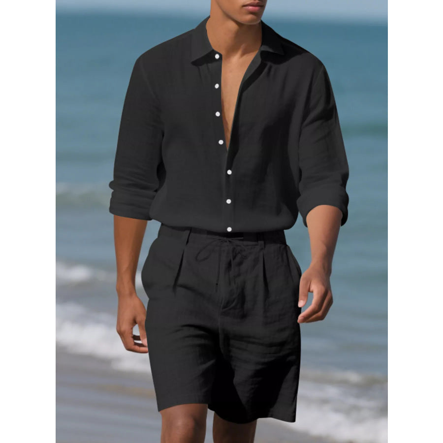 Men’s Full Size Casual Button-Down Shirt and Shorts Set Plus Black / S Apparel Accessories