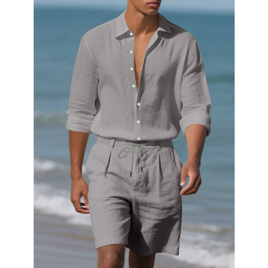Men’s Full Size Casual Button-Down Shirt and Shorts Set Plus Grey / S Apparel Accessories