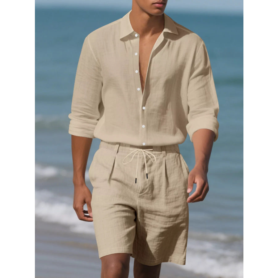 Men’s Full Size Casual Button-Down Shirt and Shorts Set Plus Khaki / S Apparel Accessories