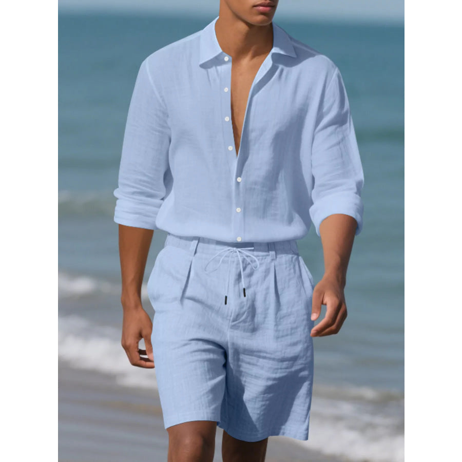 Men’s Full Size Casual Button-Down Shirt and Shorts Set Plus Light Blue / S Apparel Accessories