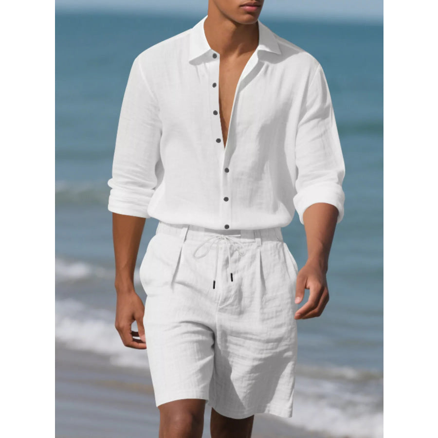 Men’s Full Size Casual Button-Down Shirt and Shorts Set Plus White / S Apparel Accessories