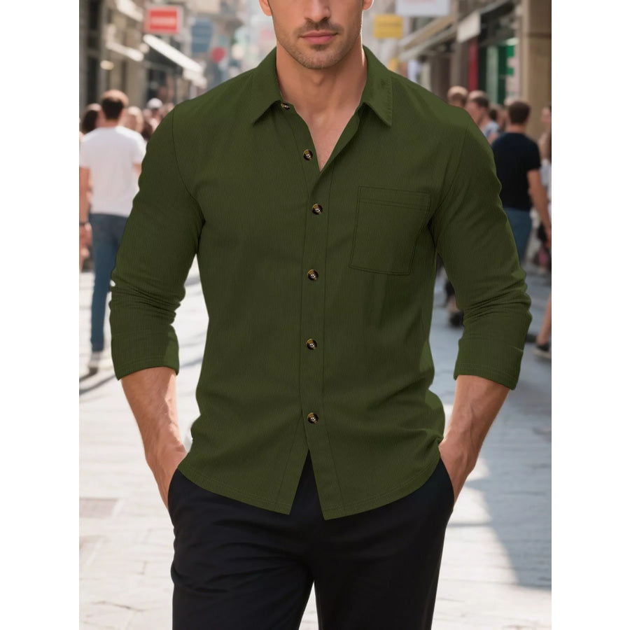 Men’s Full Size Casual Button Up Long Sleeve Shirt Plus Size Army Green / S Apparel and Accessories